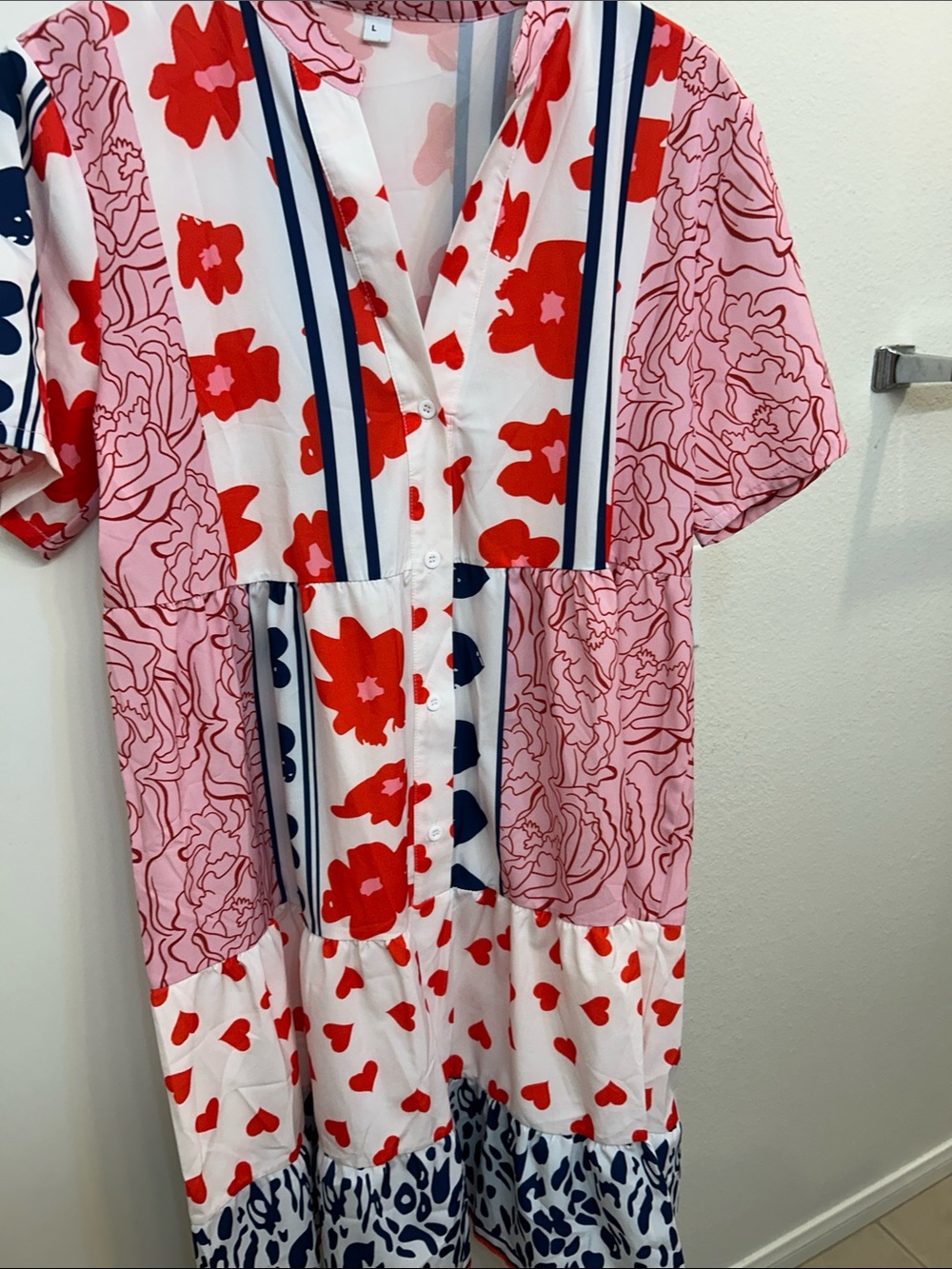 Amazon Red & Pink Floral Patchwork Midi Dress with Navy Accents